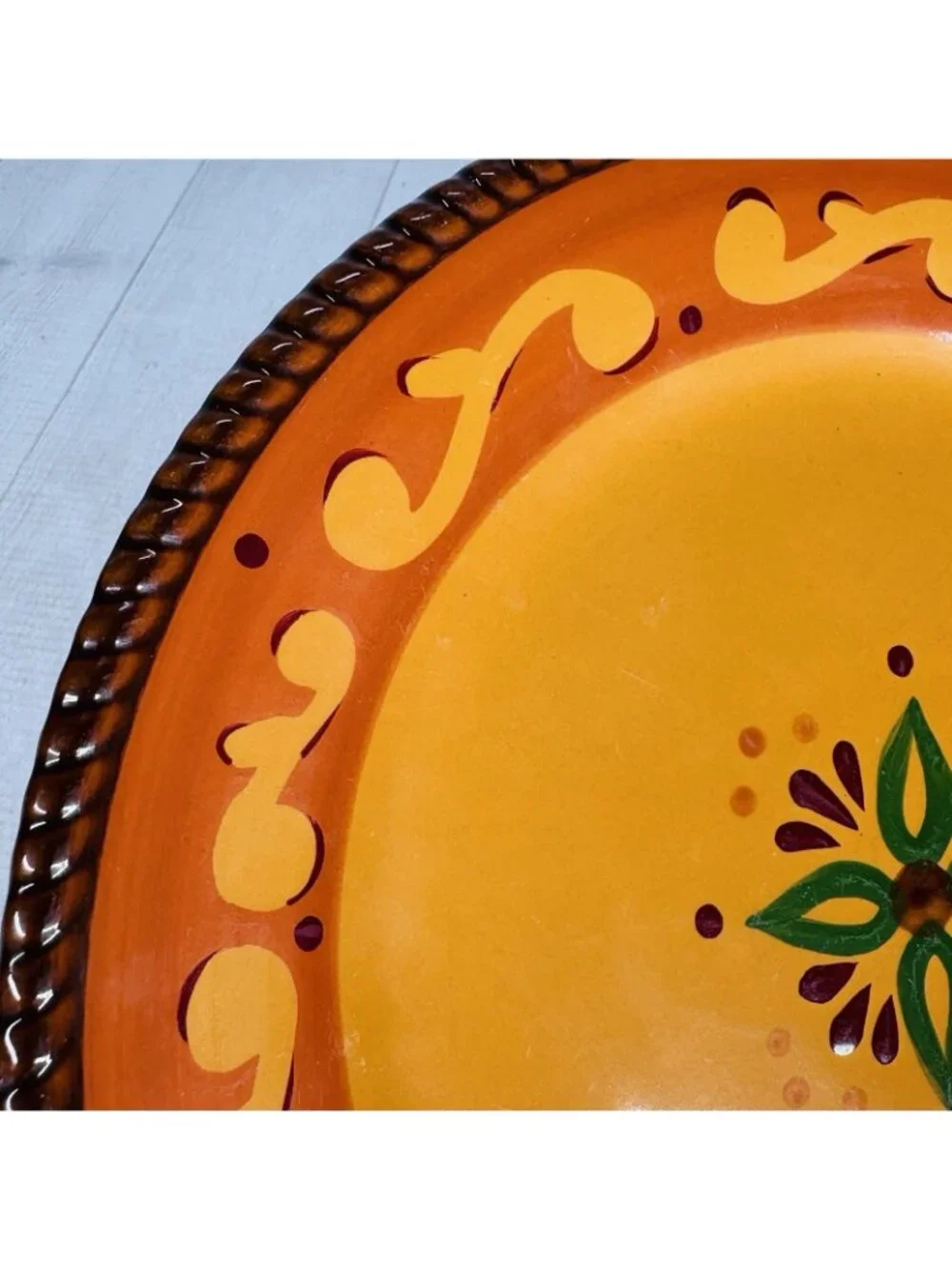 Celebrating Home TUSCAN Orange Red Yellow Rope Trim Stoneware Dinner Plate Set 3